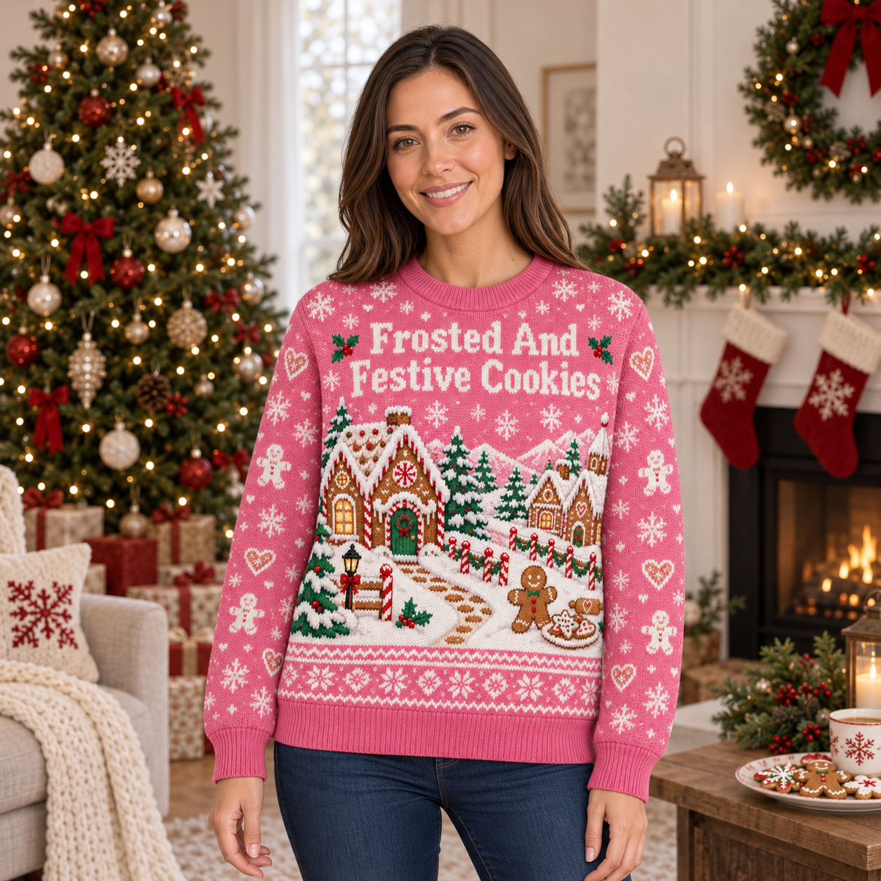 [popular-sweater:PX-17-14:female] Frosted And Festive Cookies Ugly Christmas Sweatshirt - Female view