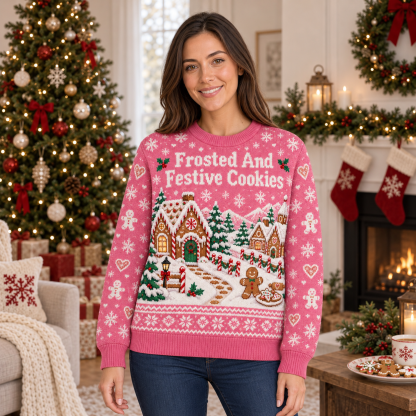 [popular-sweater:PX-17-14:female] Frosted And Festive Cookies Ugly Christmas Sweatshirt - Female view