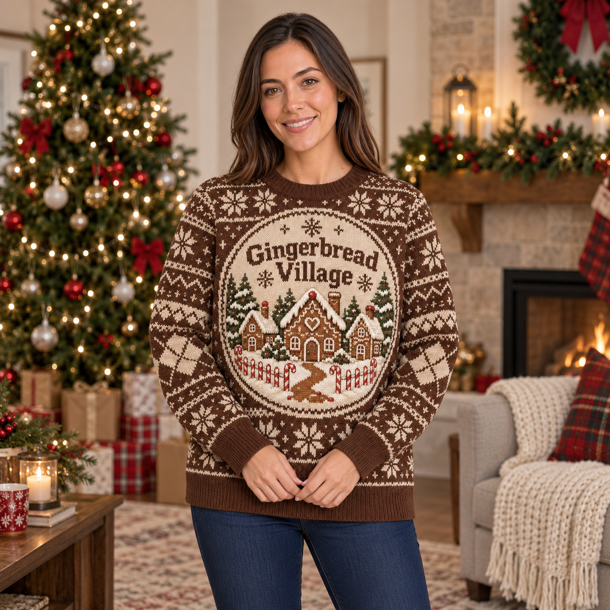[popular-sweater:PX-17-15:female] Gingerbread Village Ugly Christmas Sweatshirt - Female view