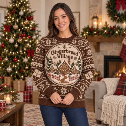 [popular-sweater:PX-17-15:female] Gingerbread Village Ugly Christmas Sweatshirt - Female view