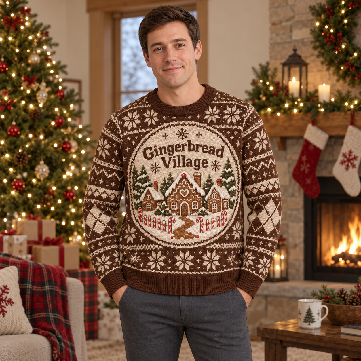[popular-sweater:PX-17-15:male] Gingerbread Village Ugly Christmas Sweatshirt - Male view