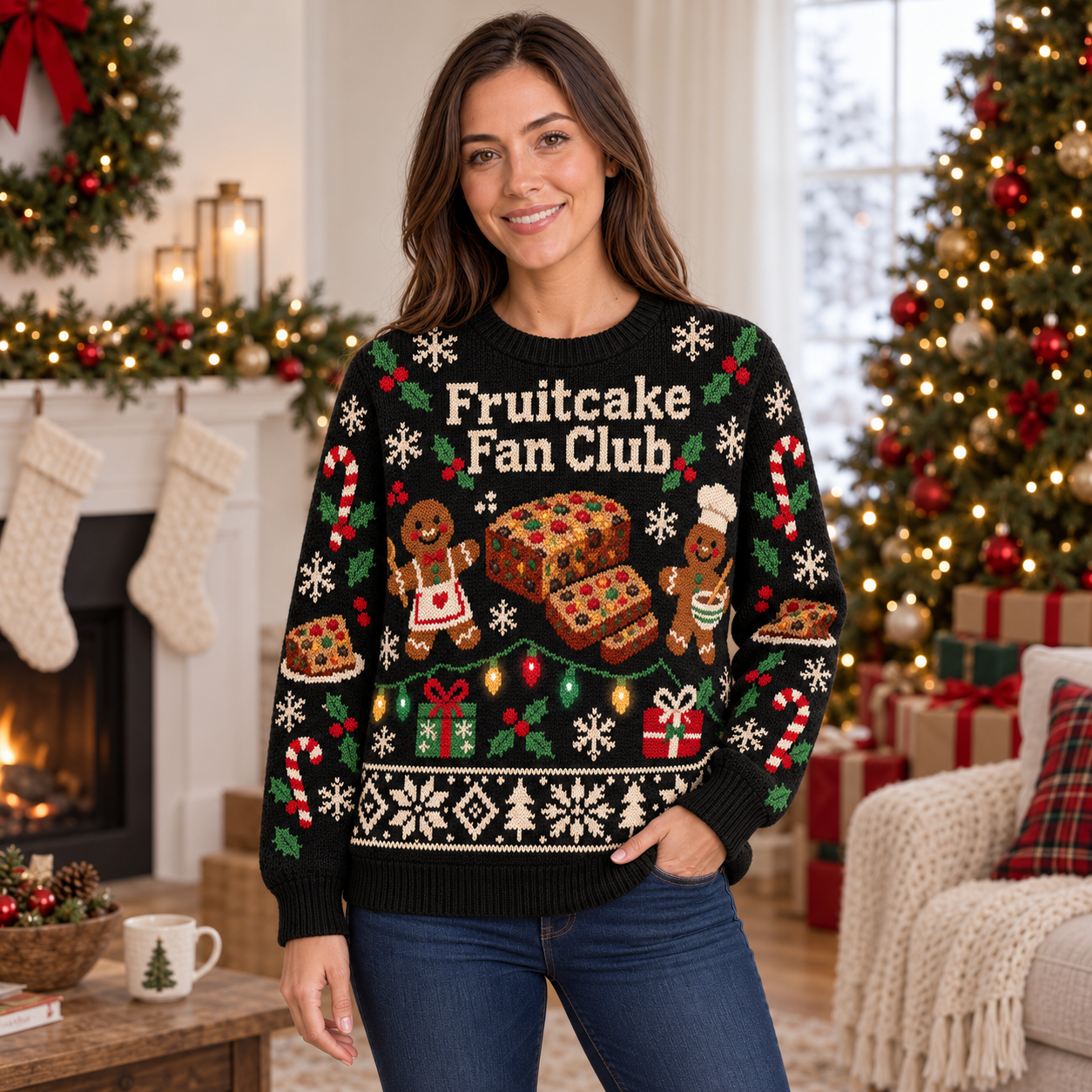 [popular-sweater:PX-17-18:female] Fruitcake Fan Club Ugly Christmas Sweatshirt - Female view