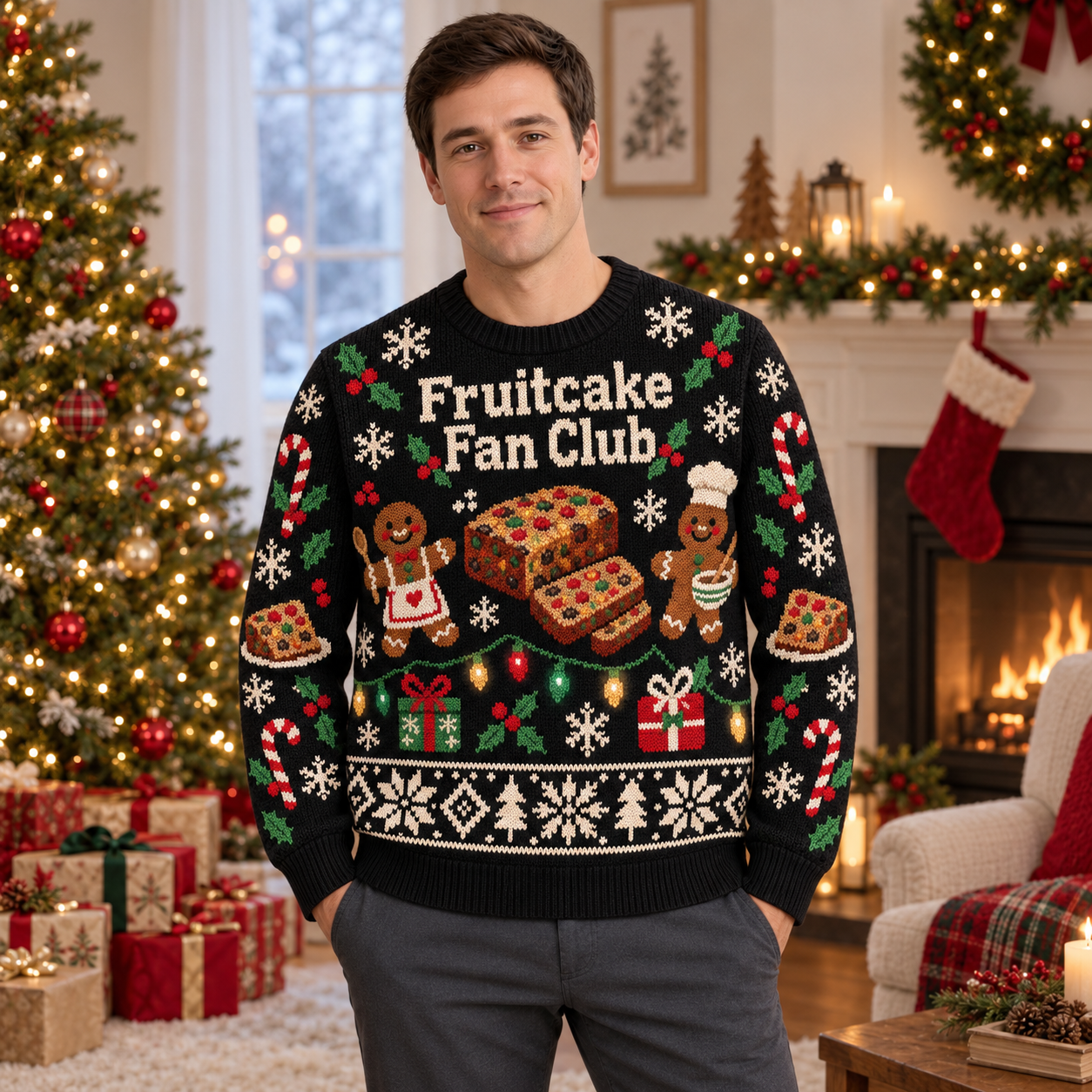 [popular-sweater:PX-17-18:male] Fruitcake Fan Club Ugly Christmas Sweatshirt - Male view