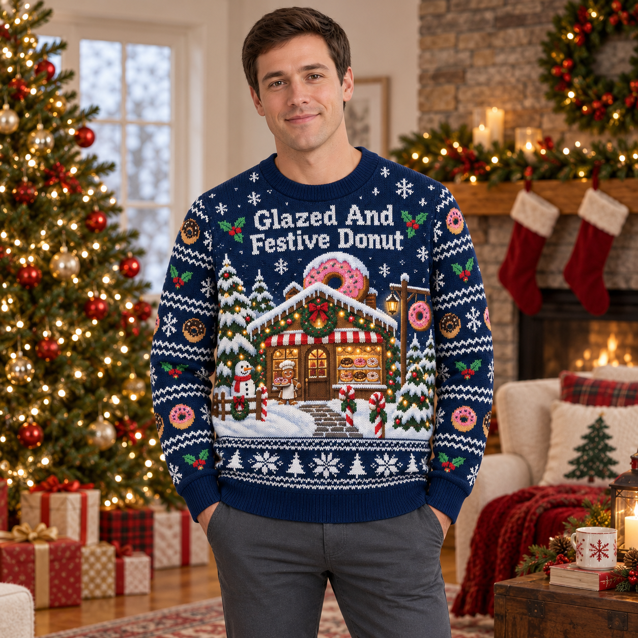 [popular-sweater:PX-17-19:male] Glazed And Festive Donut Ugly Christmas Sweatshirt - Male view