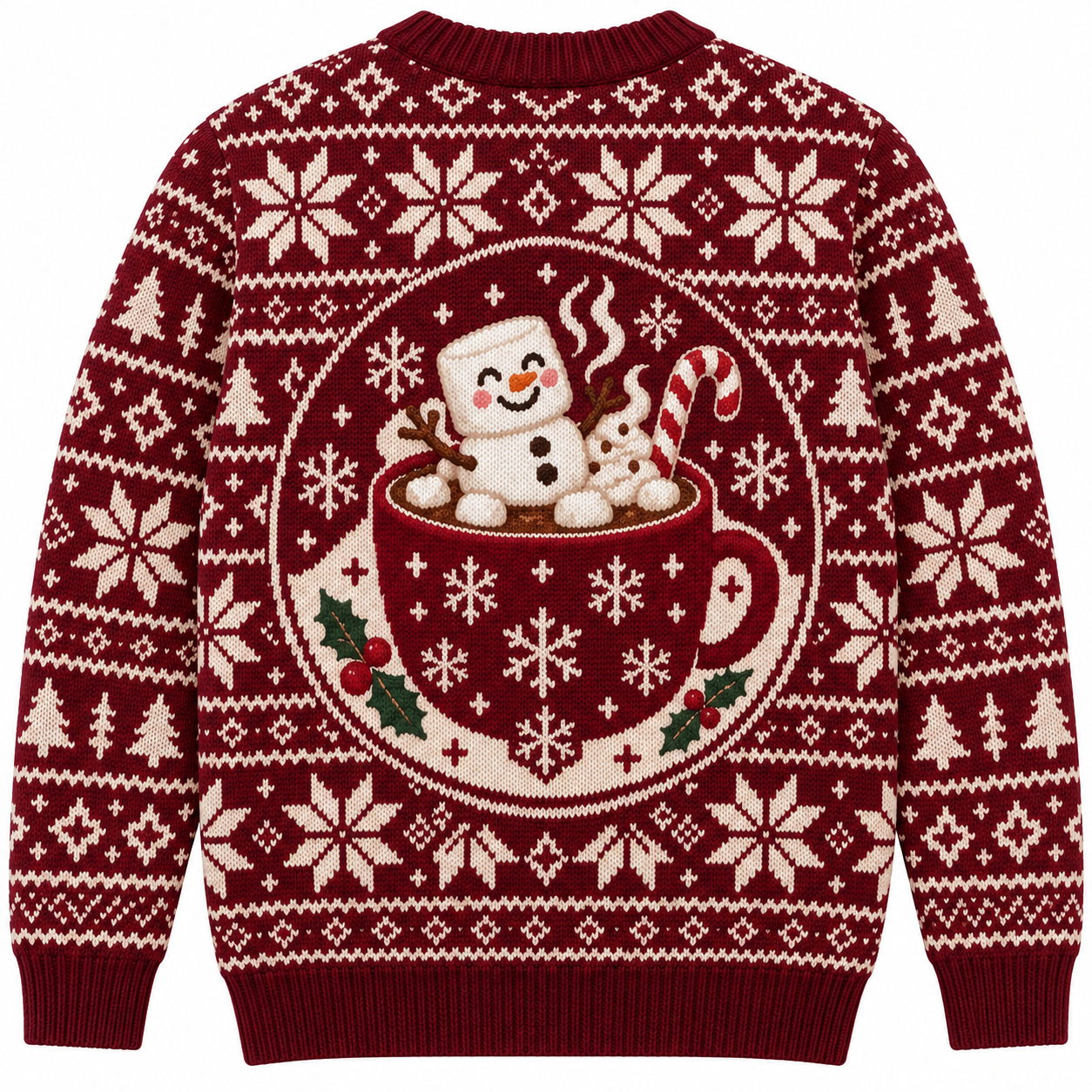 [popular-sweater:PX-17-20:back] Marshmallow Snowman Cocoa Ugly Christmas Sweatshirt - Back view
