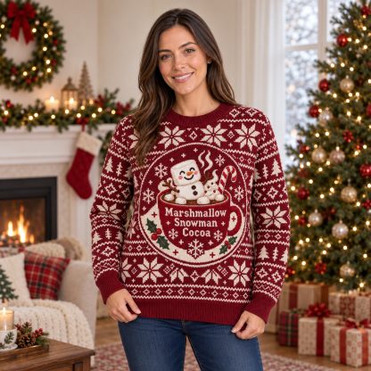 [popular-sweater:PX-17-20:female] Marshmallow Snowman Cocoa Ugly Christmas Sweatshirt - Female view