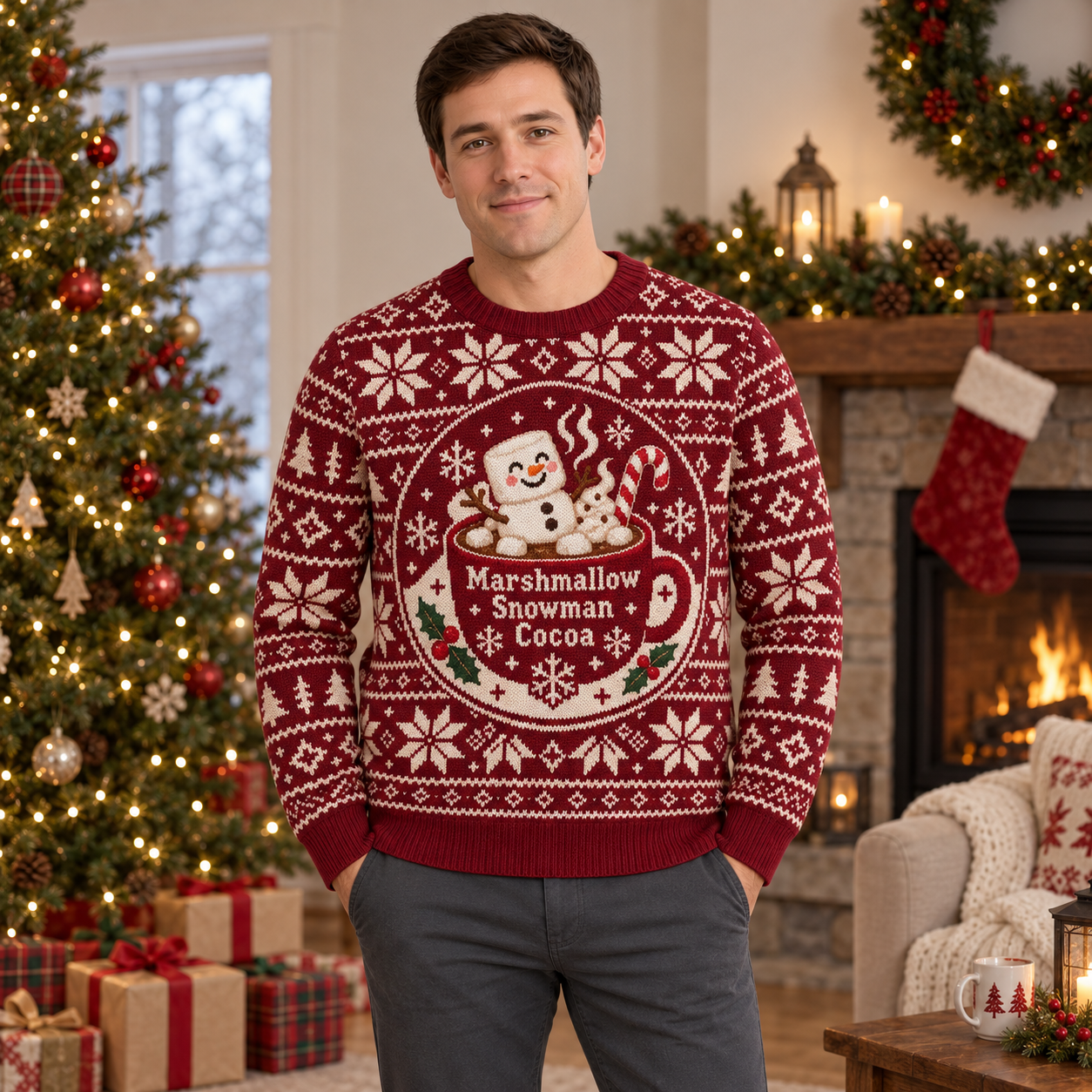 [popular-sweater:PX-17-20:male] Marshmallow Snowman Cocoa Ugly Christmas Sweatshirt - Male view