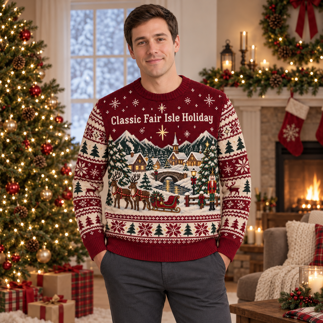 [popular-sweater:PX-18-04:male] Classic Fair Isle Holiday Ugly Christmas Sweatshirt - Male view