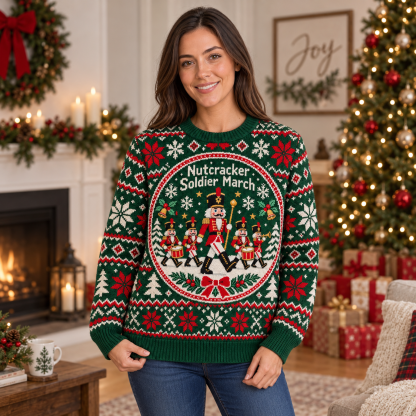 [popular-sweater:PX-18-05:female] Nutcracker Soldier March Ugly Christmas Sweatshirt - Female view