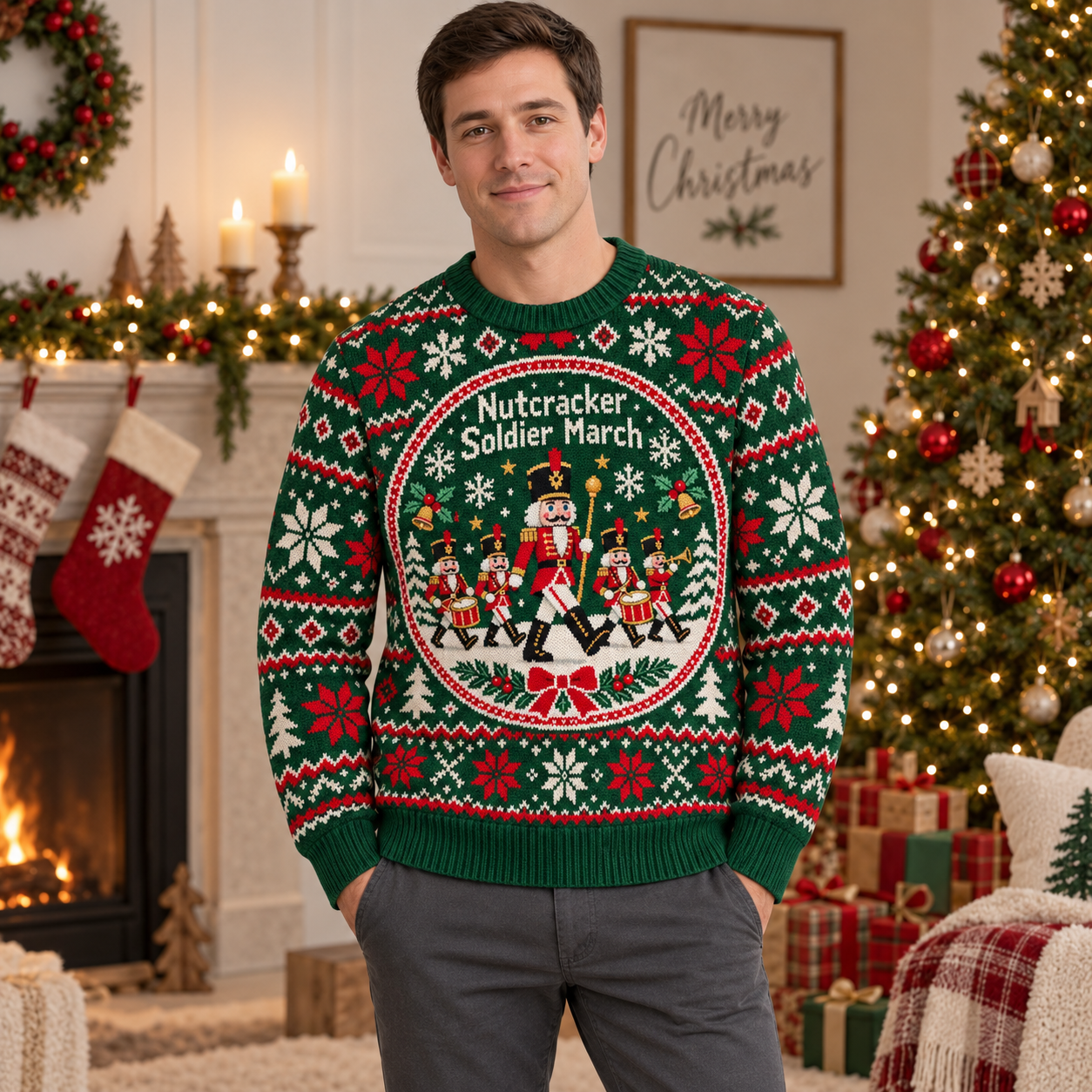 [popular-sweater:PX-18-05:male] Nutcracker Soldier March Ugly Christmas Sweatshirt - Male view