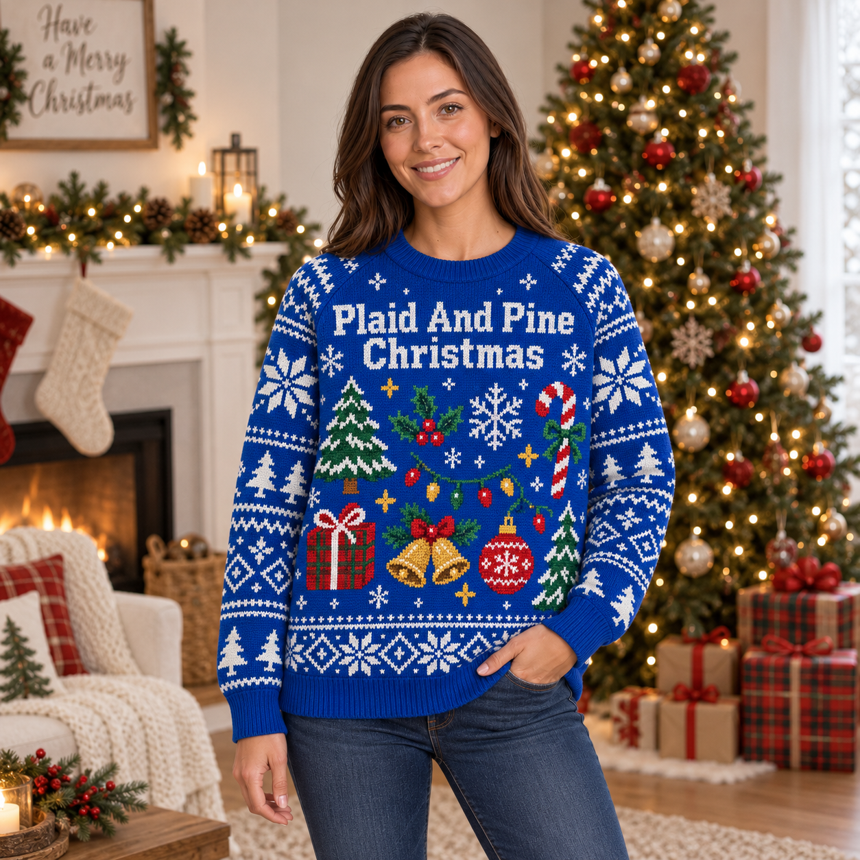 [popular-sweater:PX-18-08:female] Plaid And Pine Christmas Ugly Christmas Sweatshirt - Female view