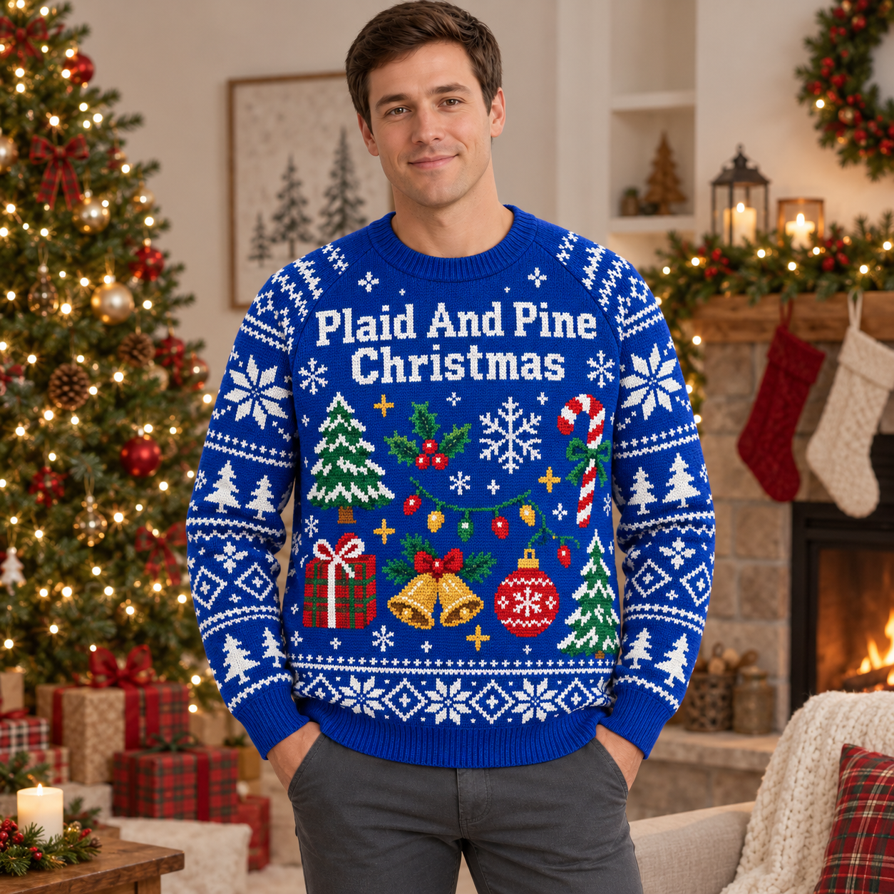 [popular-sweater:PX-18-08:male] Plaid And Pine Christmas Ugly Christmas Sweatshirt - Male view