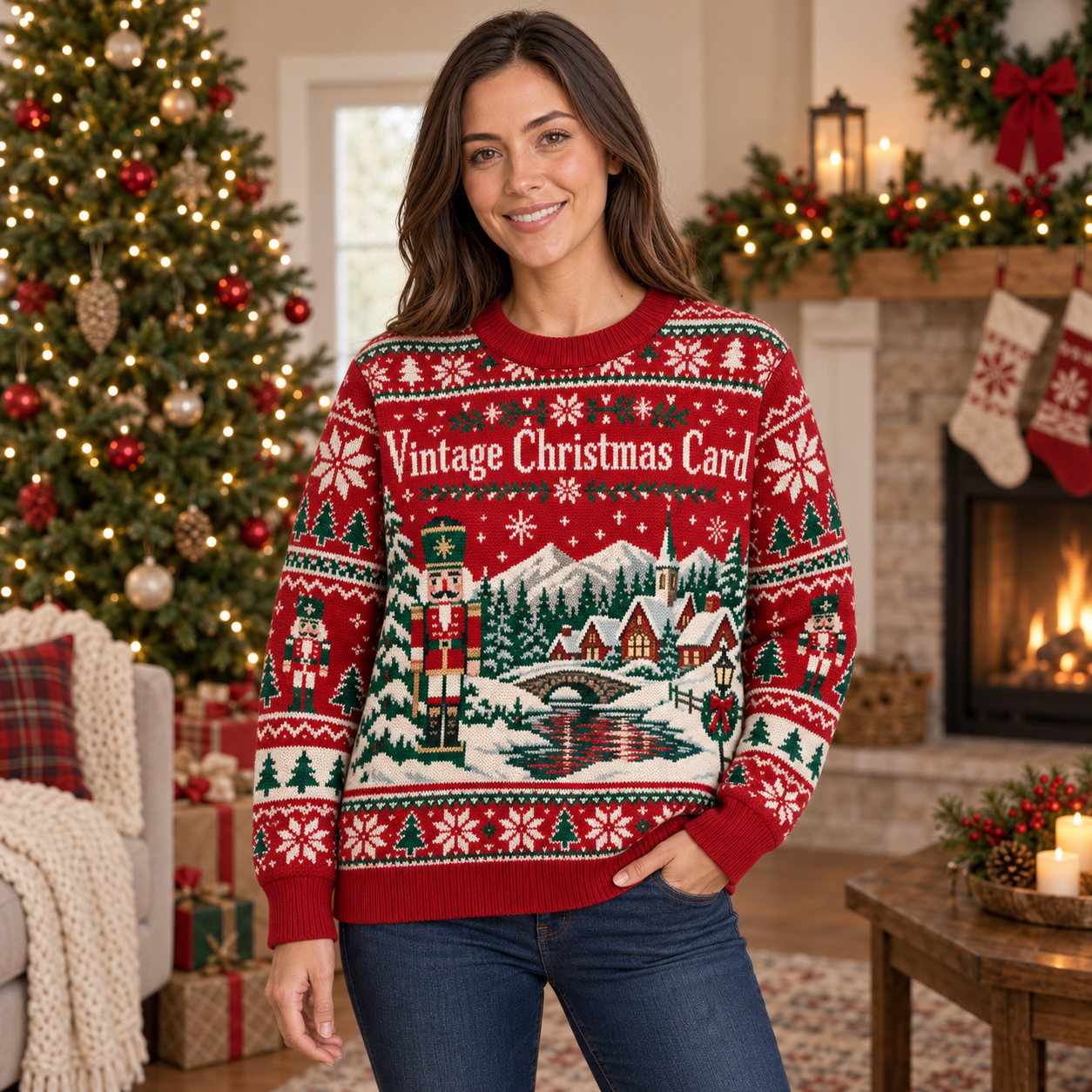 [popular-sweater:PX-18-09:female] Vintage Christmas Card Ugly Christmas Sweatshirt - Female view