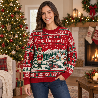 [popular-sweater:PX-18-09:female] Vintage Christmas Card Ugly Christmas Sweatshirt - Female view