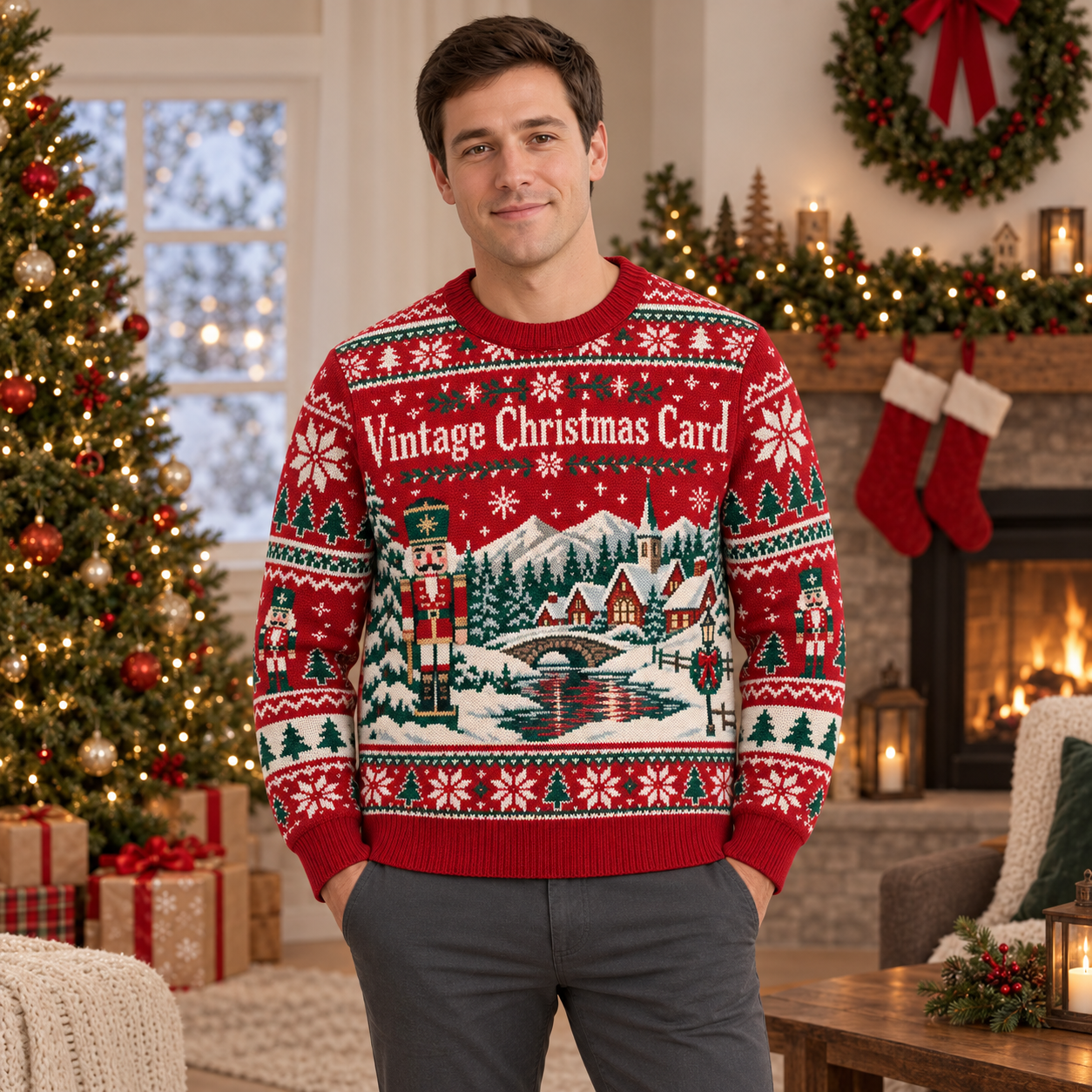 [popular-sweater:PX-18-09:male] Vintage Christmas Card Ugly Christmas Sweatshirt - Male view