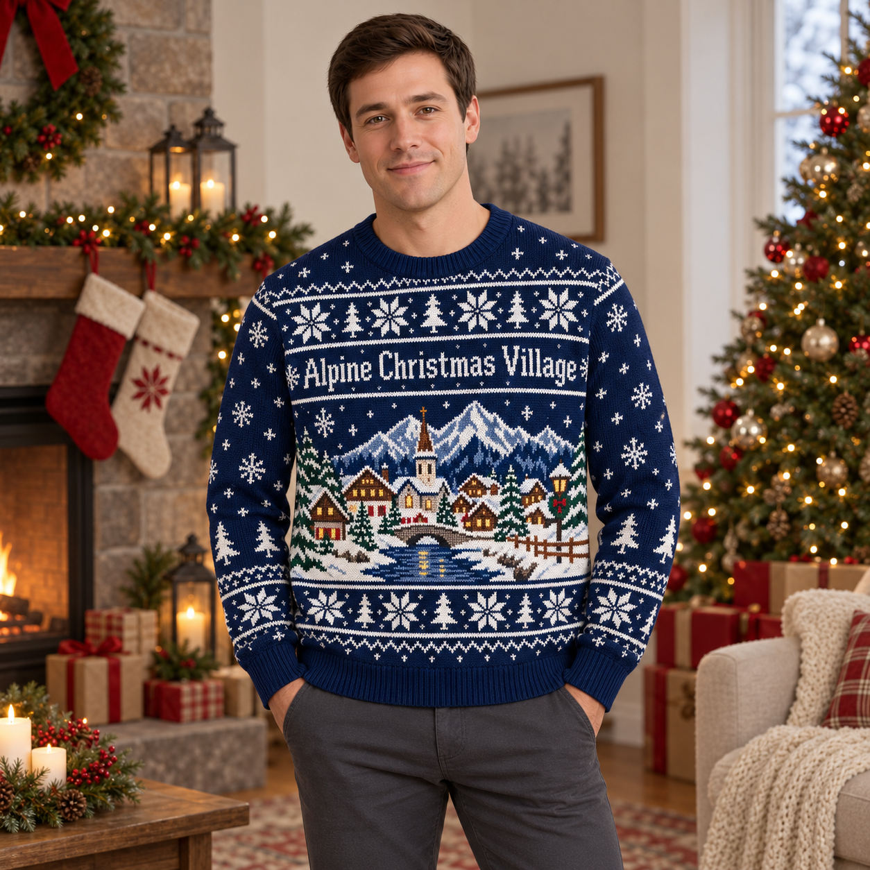 [popular-sweater:PX-18-11:male] Alpine Christmas Village Ugly Christmas Sweatshirt - Male view