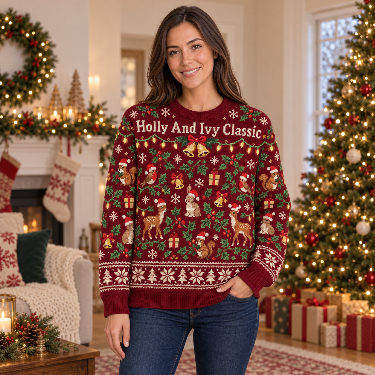 [popular-sweater:PX-18-12:female] Holly And Ivy Classic Ugly Christmas Sweatshirt - Female view