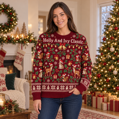 [popular-sweater:PX-18-12:female] Holly And Ivy Classic Ugly Christmas Sweatshirt - Female view