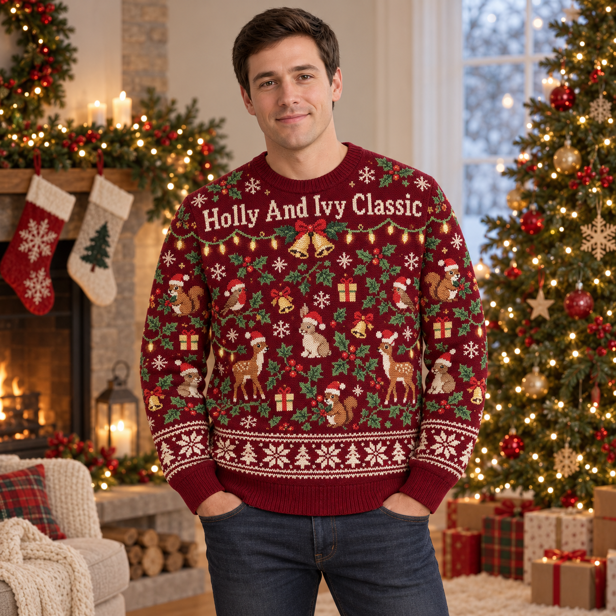 [popular-sweater:PX-18-12:male] Holly And Ivy Classic Ugly Christmas Sweatshirt - Male view