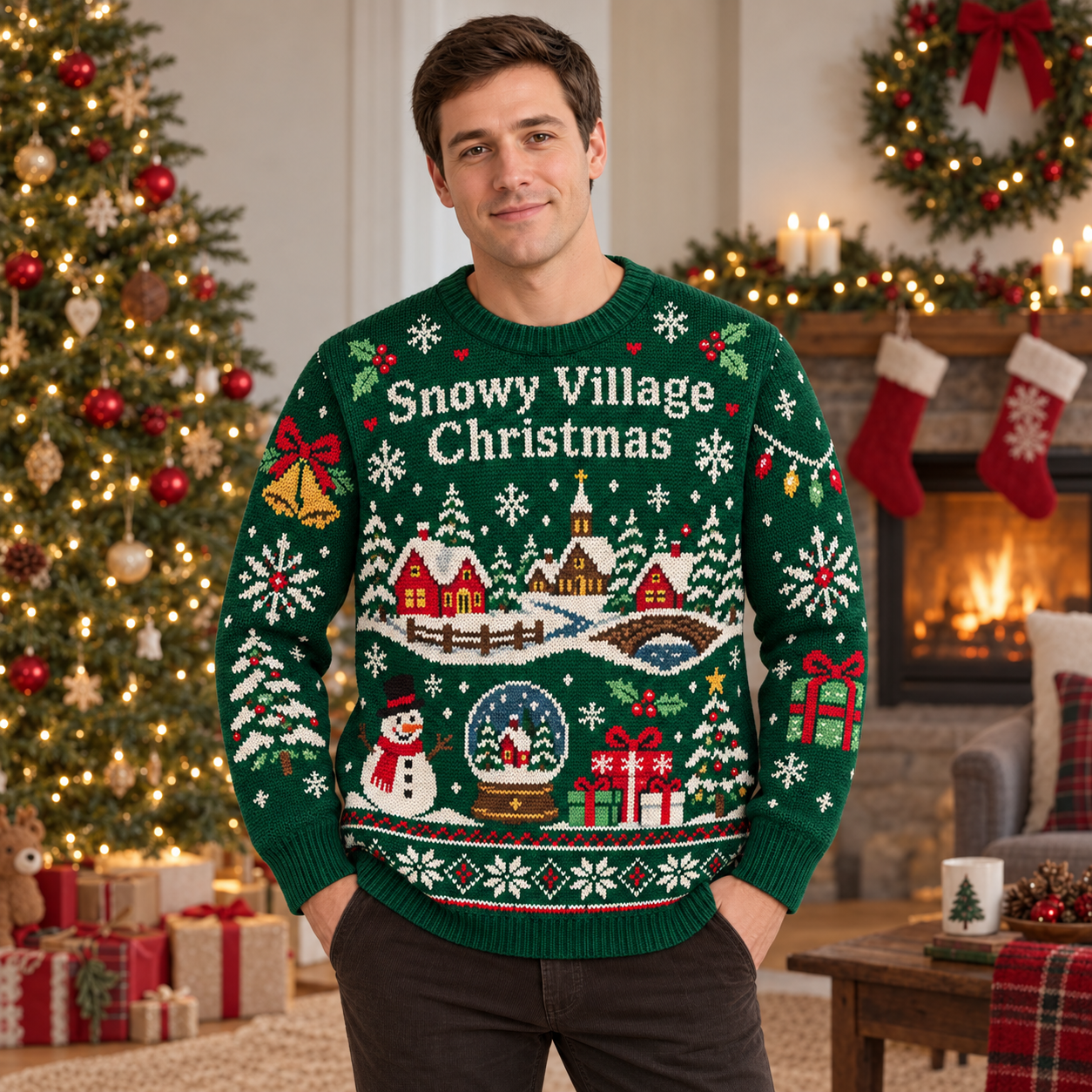 [popular-sweater:PX-18-13:male] Snowy Village Christmas Ugly Christmas Sweatshirt - Male view