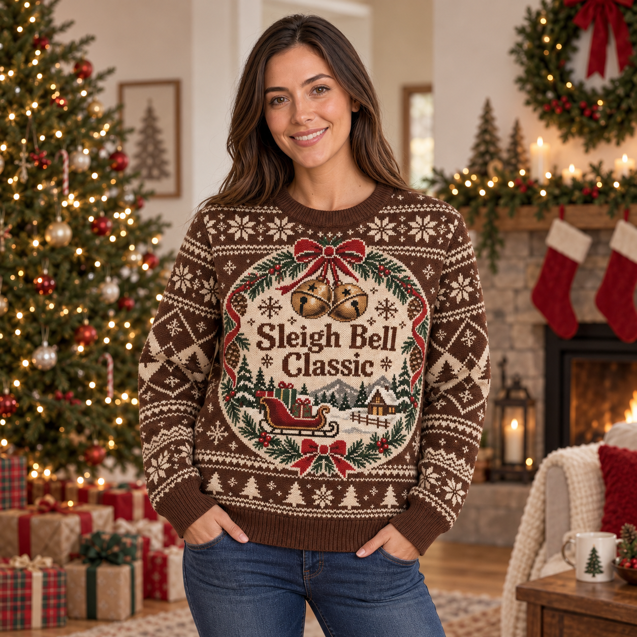 [popular-sweater:PX-18-15:female] Sleigh Bell Classic Ugly Christmas Sweatshirt - Female view