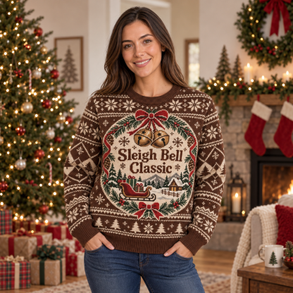 [popular-sweater:PX-18-15:female] Sleigh Bell Classic Ugly Christmas Sweatshirt - Female view