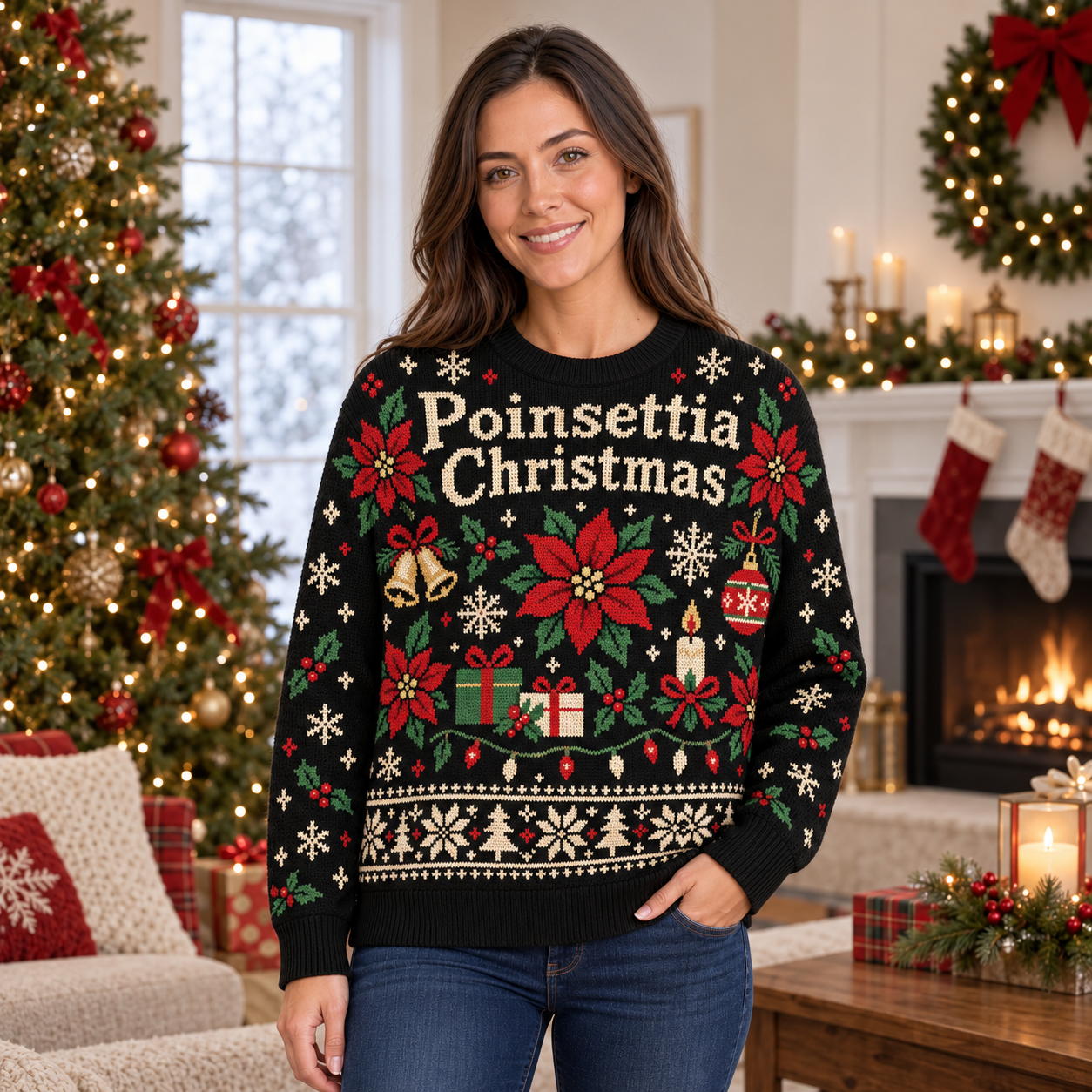 [popular-sweater:PX-18-18:female] Poinsettia Christmas Ugly Christmas Sweatshirt - Female view