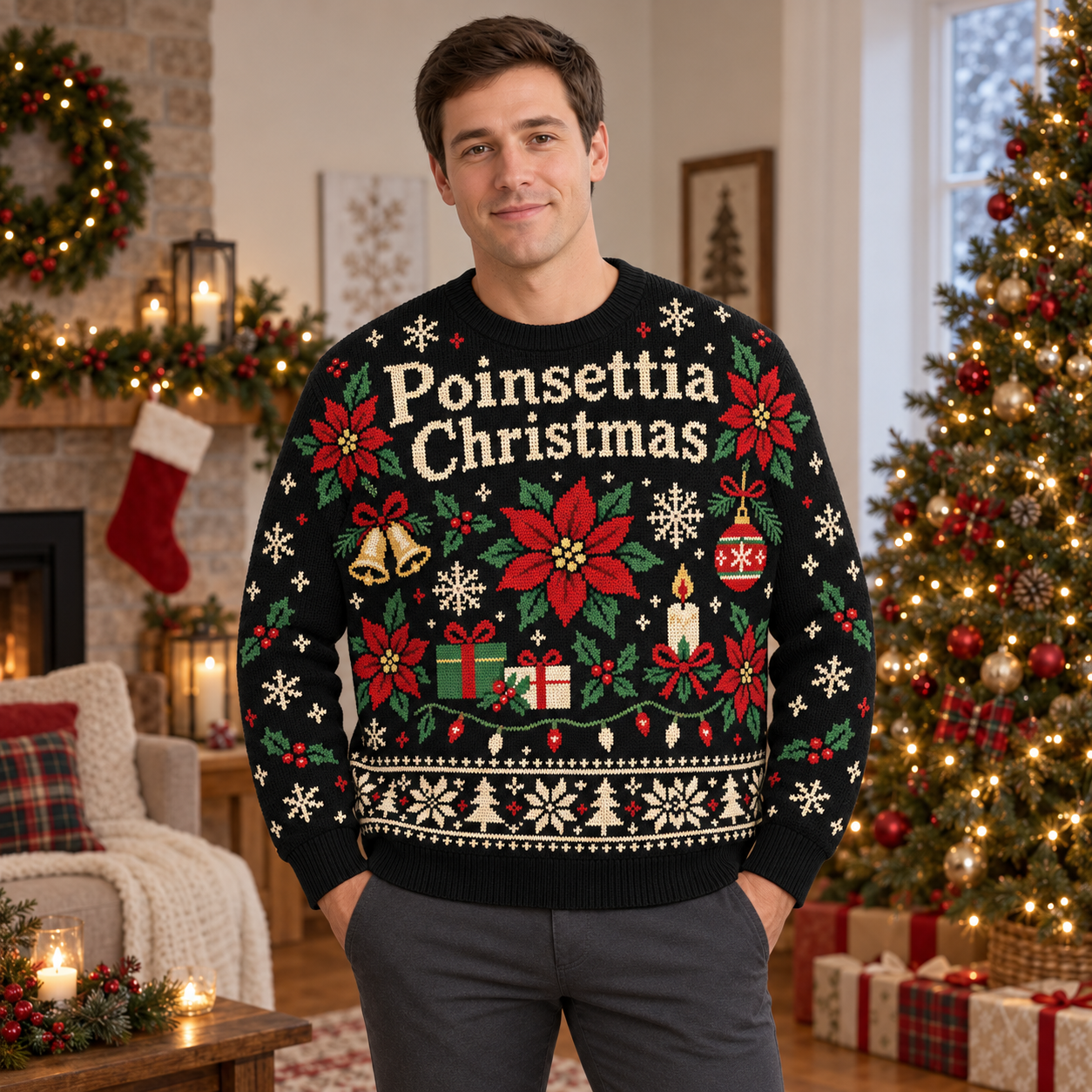 [popular-sweater:PX-18-18:male] Poinsettia Christmas Ugly Christmas Sweatshirt - Male view