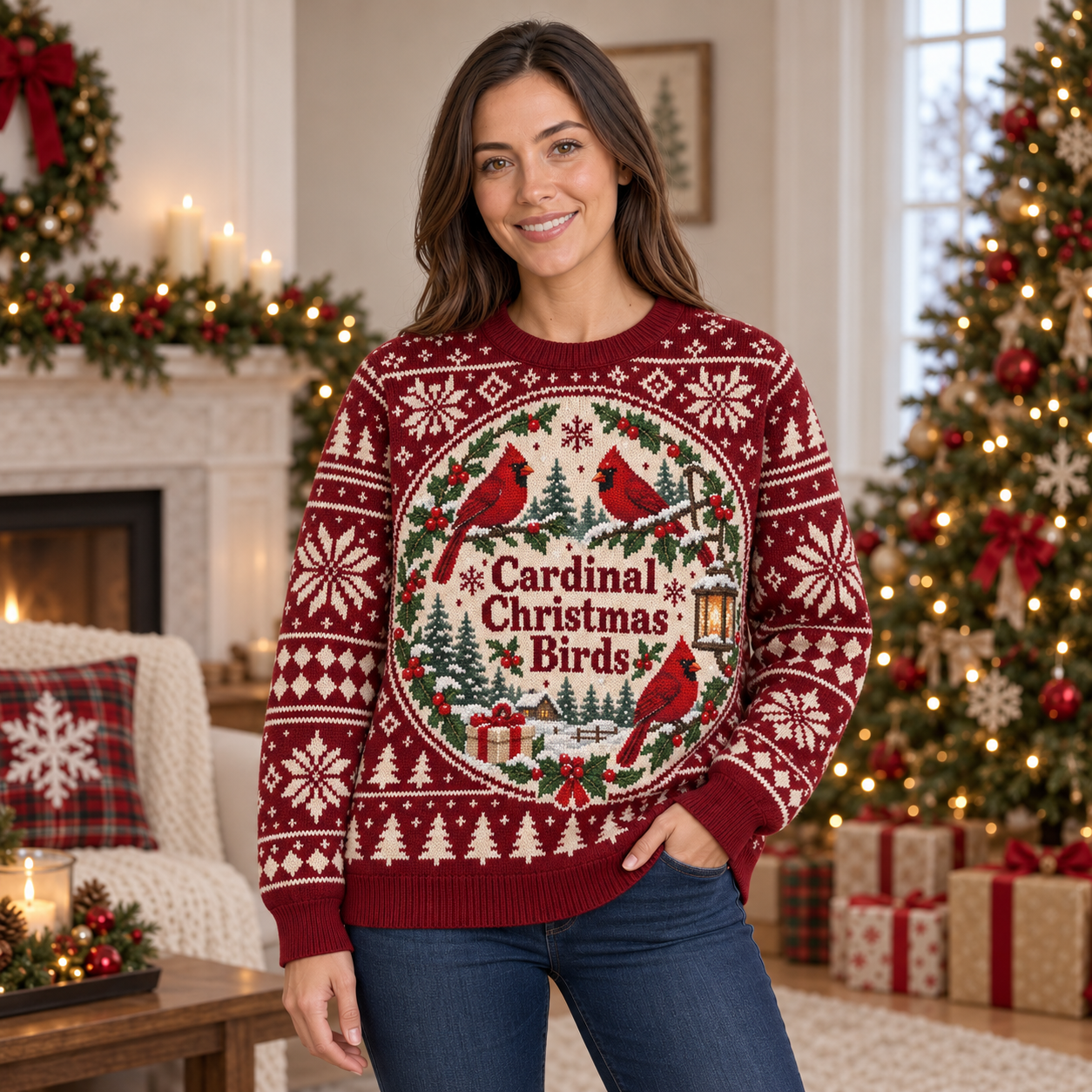 [popular-sweater:PX-18-20:female] Cardinal Christmas Birds Ugly Christmas Sweatshirt - Female view