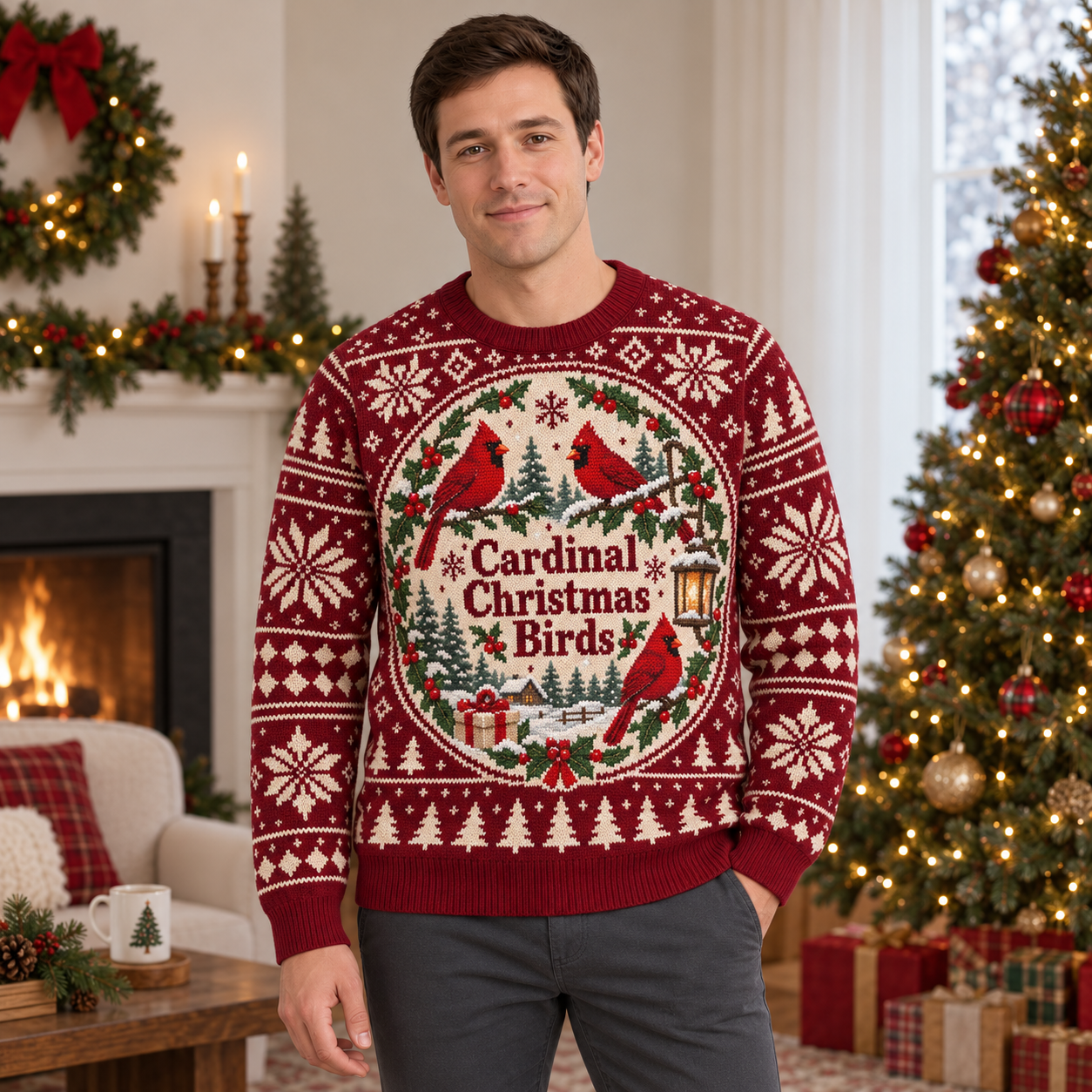 [popular-sweater:PX-18-20:male] Cardinal Christmas Birds Ugly Christmas Sweatshirt - Male view