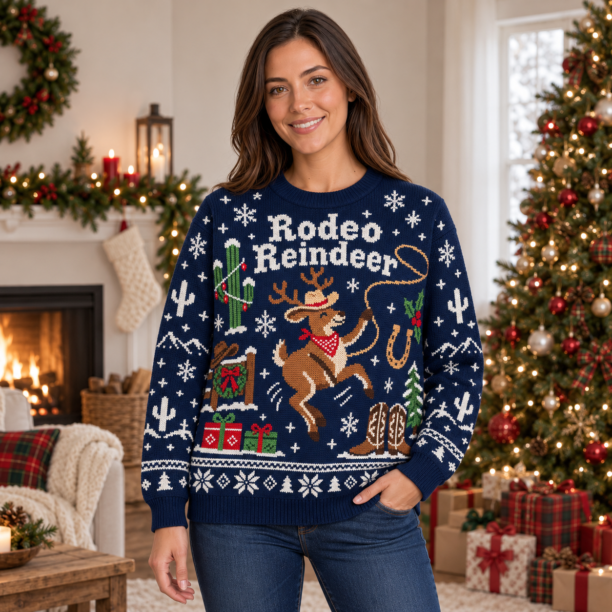 [popular-sweater:PX-19-03:female] Rodeo Reindeer Ugly Christmas Sweatshirt - Female view