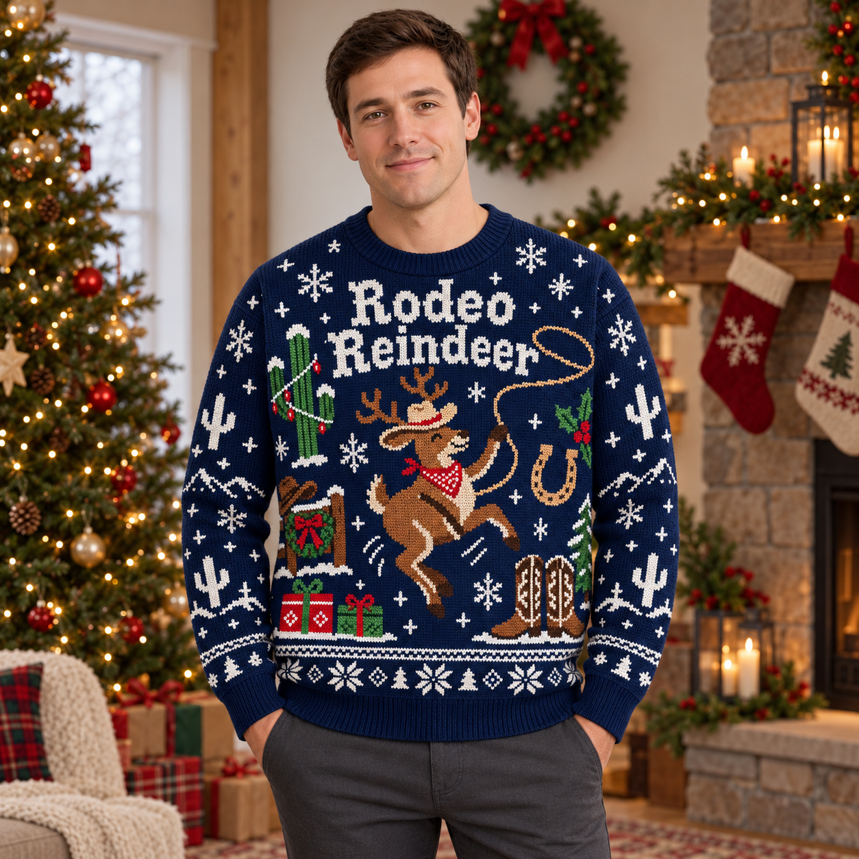 [popular-sweater:PX-19-03:male] Rodeo Reindeer Ugly Christmas Sweatshirt - Male view