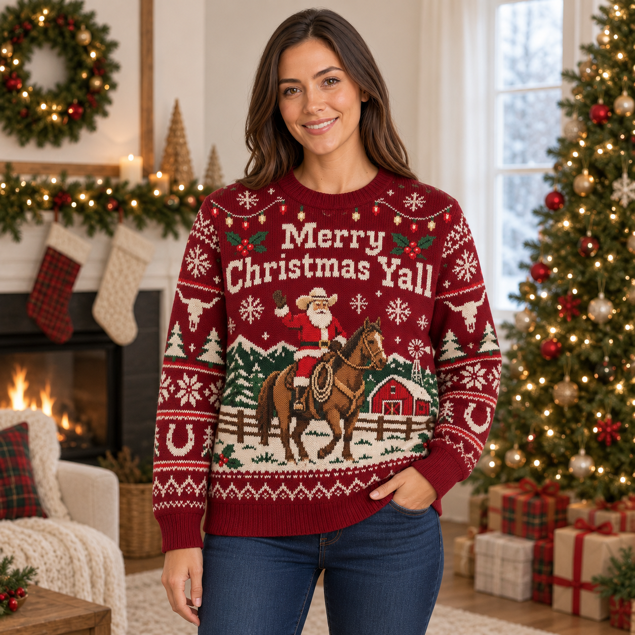 [popular-sweater:PX-19-04:female] Merry Christmas Yall Ugly Christmas Sweatshirt - Female view