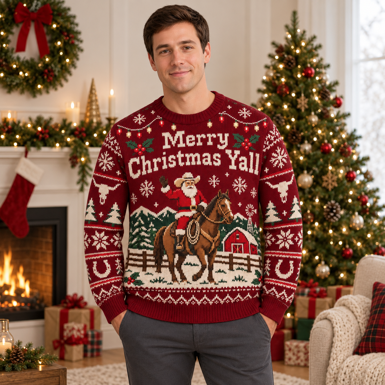 [popular-sweater:PX-19-04:male] Merry Christmas Yall Ugly Christmas Sweatshirt - Male view