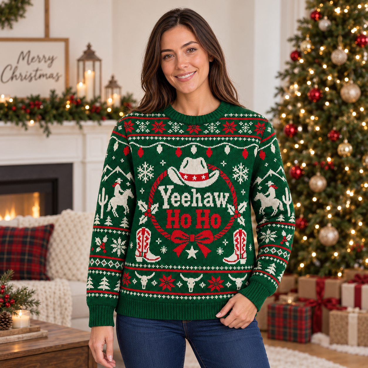 [popular-sweater:PX-19-05:female] Yeehaw Ho Ho Ugly Christmas Sweatshirt - Female view