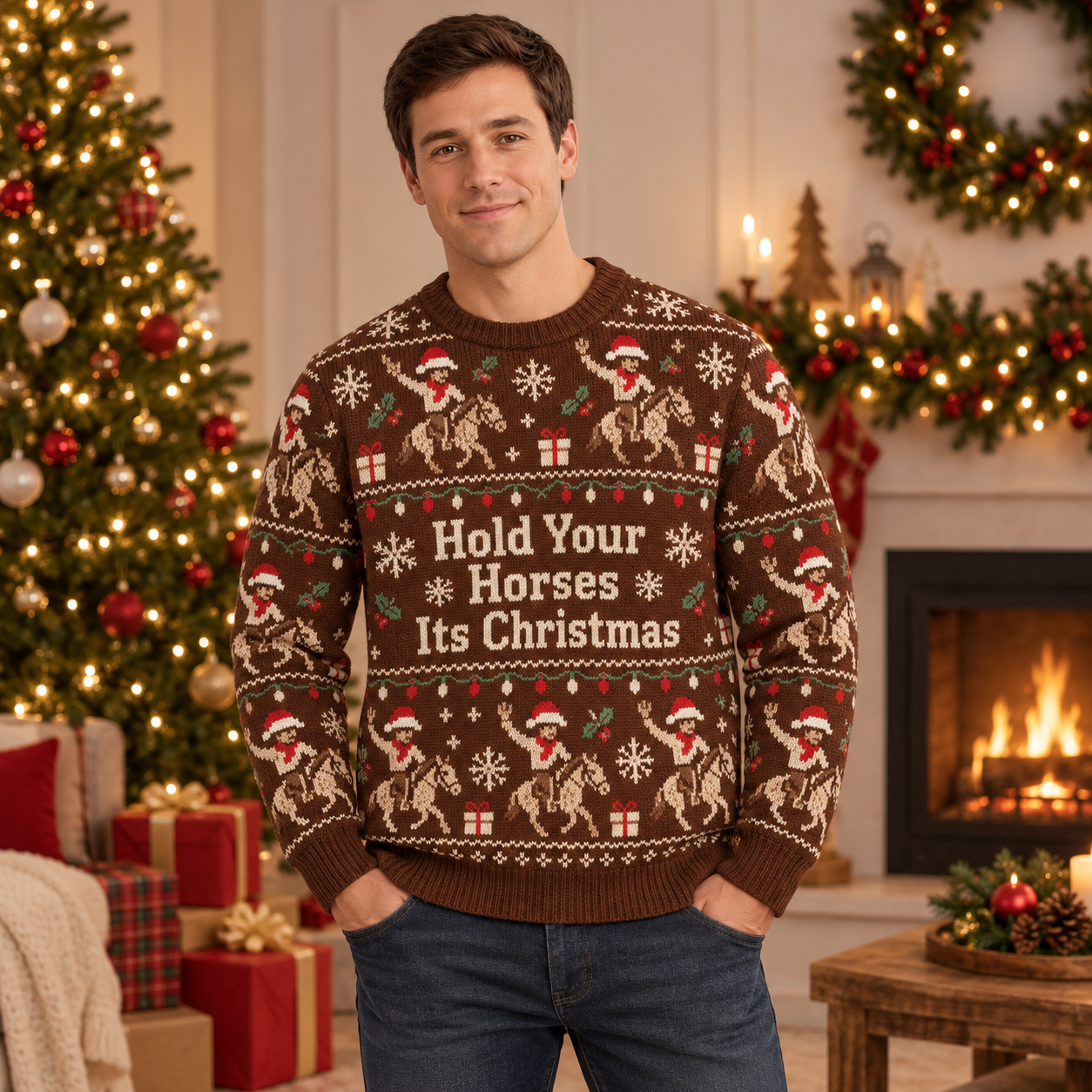 [popular-sweater:PX-19-07:male] Hold Your Horses Its Christmas Ugly Christmas Sweatshirt - Male view