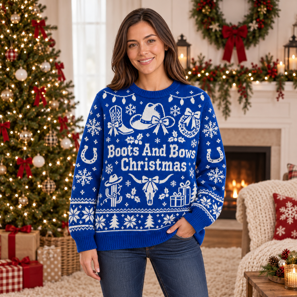 [popular-sweater:PX-19-08:female] Boots And Bows Christmas Ugly Christmas Sweatshirt - Female view