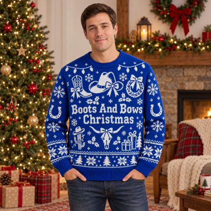 [popular-sweater:PX-19-08:male] Boots And Bows Christmas Ugly Christmas Sweatshirt - Male view