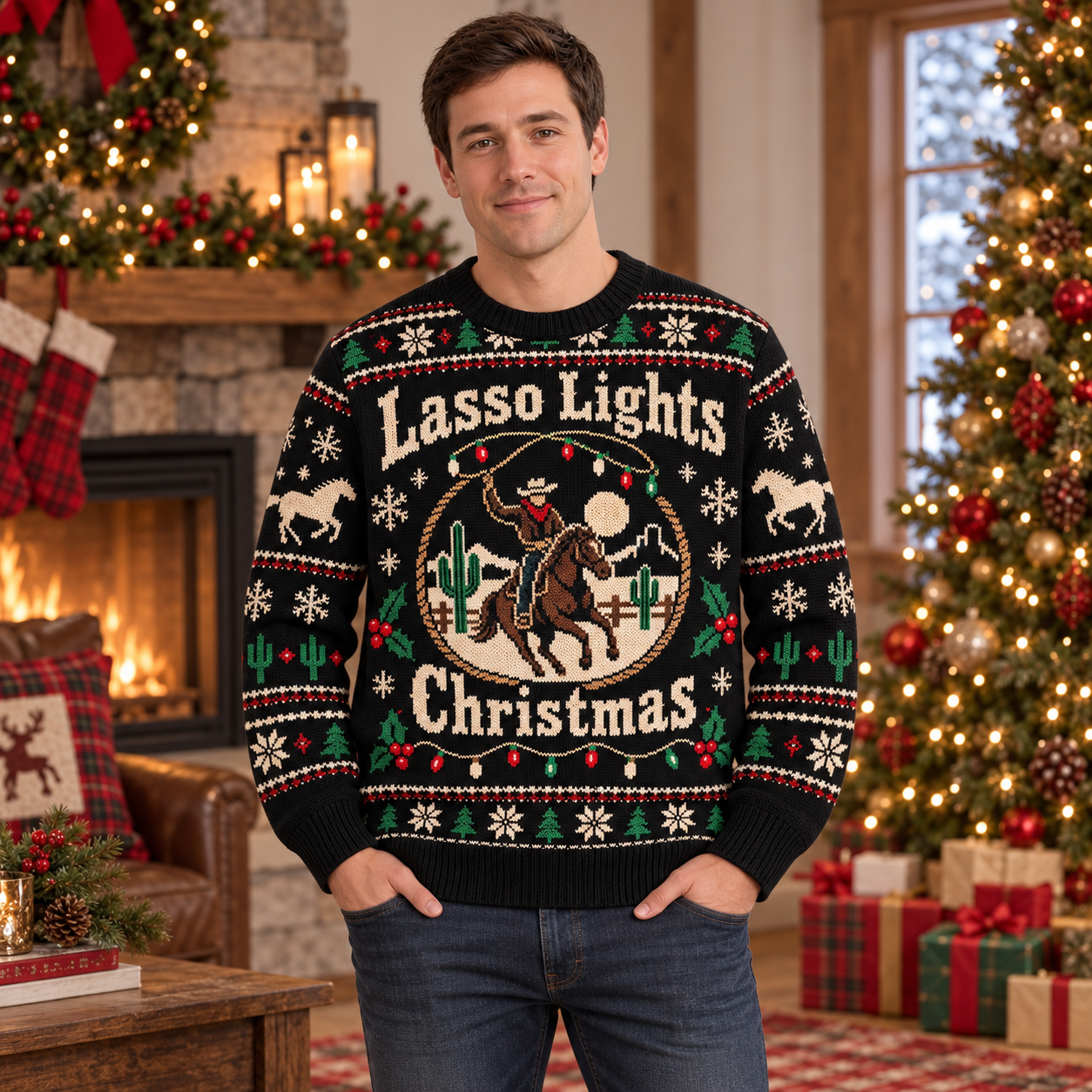[popular-sweater:PX-19-10:male] Lasso Lights Christmas Ugly Christmas Sweatshirt - Male view