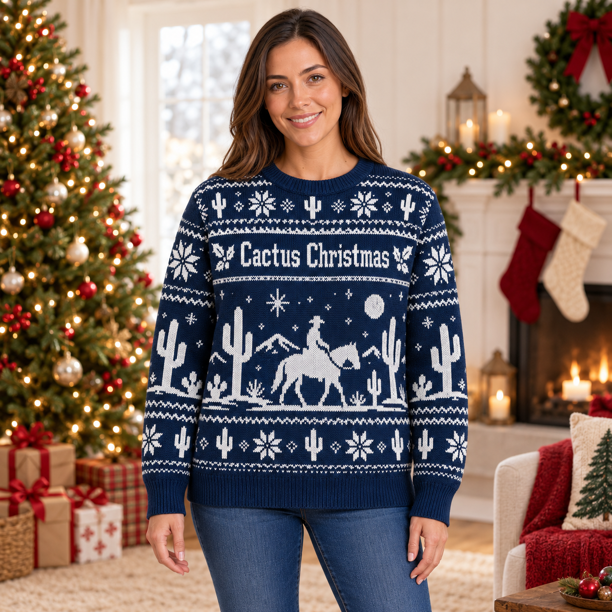 [popular-sweater:PX-19-11:female] Cactus Christmas Ugly Christmas Sweatshirt - Female view