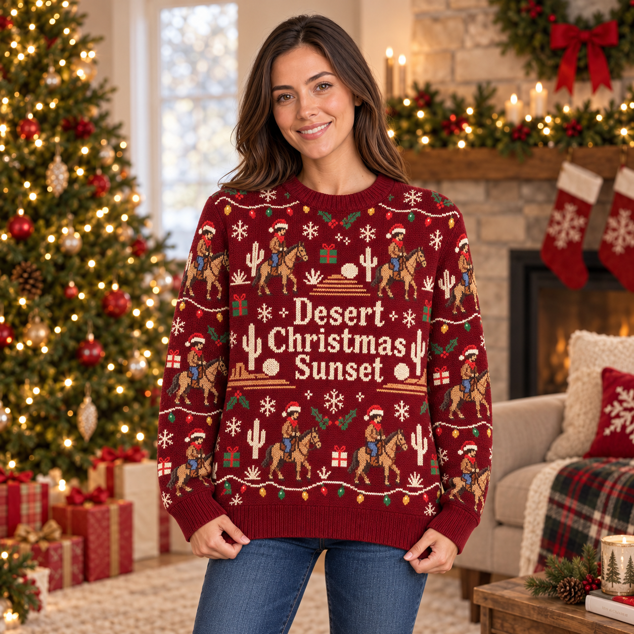 [popular-sweater:PX-19-12:female] Desert Christmas Sunset Ugly Christmas Sweatshirt - Female view