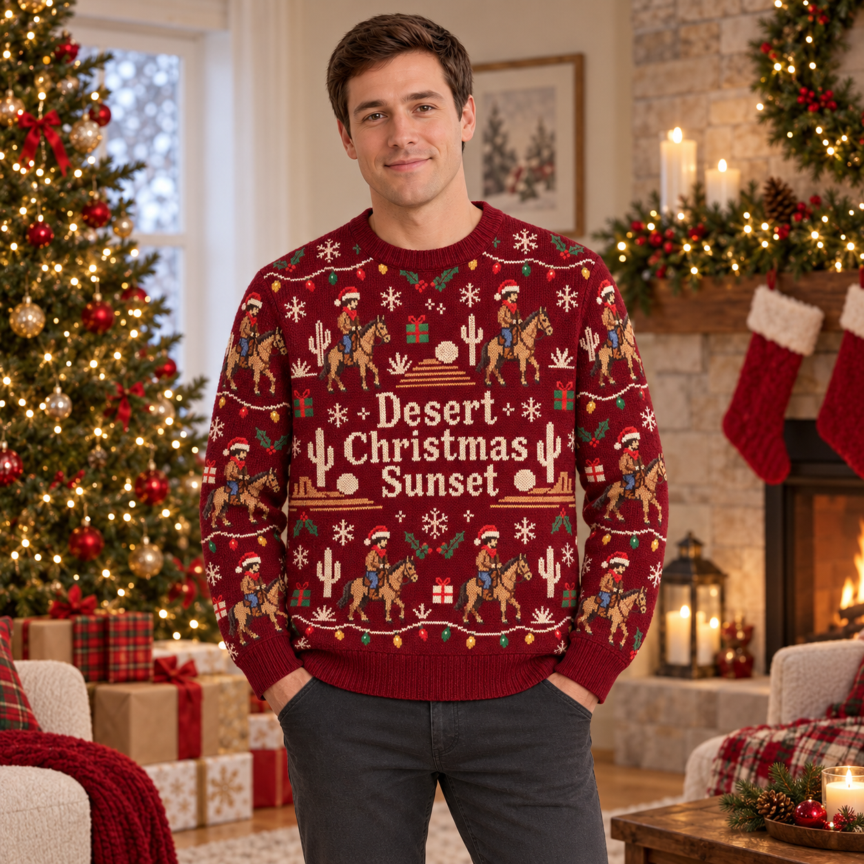 [popular-sweater:PX-19-12:male] Desert Christmas Sunset Ugly Christmas Sweatshirt - Male view