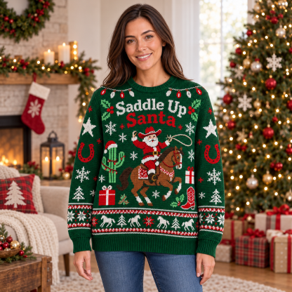 [popular-sweater:PX-19-13:female] Saddle Up Santa Ugly Christmas Sweatshirt - Female view