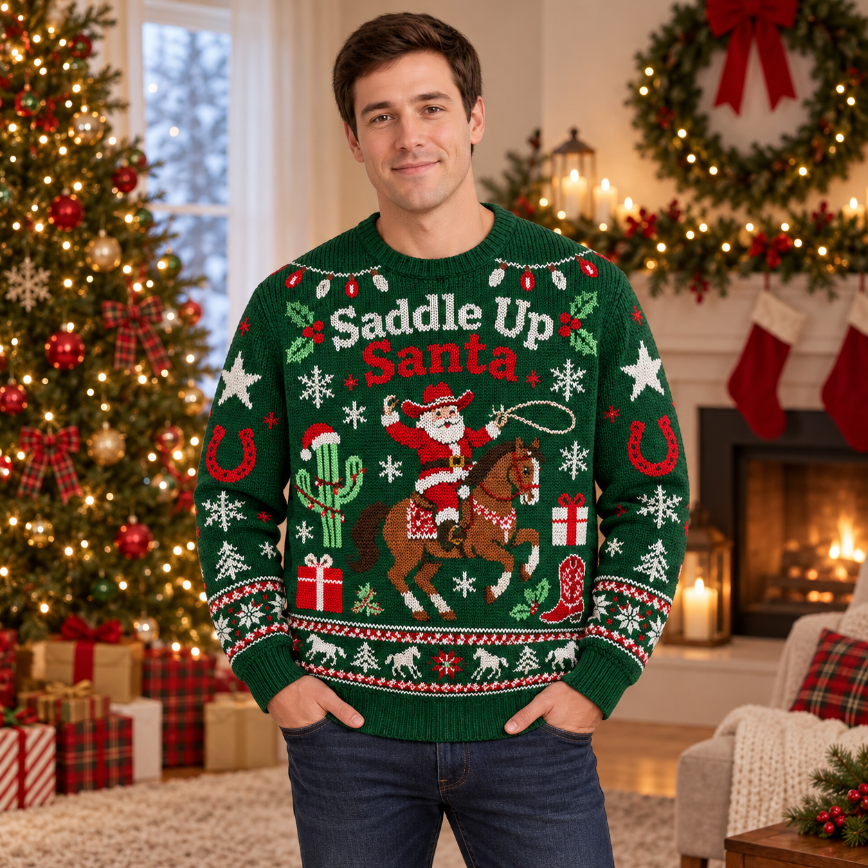 [popular-sweater:PX-19-13:male] Saddle Up Santa Ugly Christmas Sweatshirt - Male view