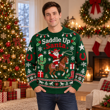 [popular-sweater:PX-19-13:male] Saddle Up Santa Ugly Christmas Sweatshirt - Male view