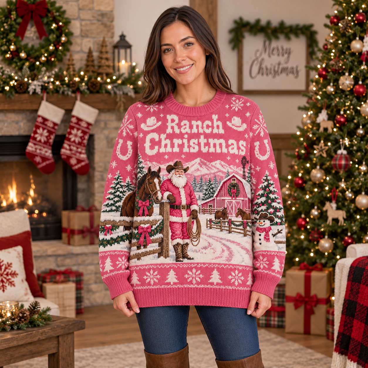 [popular-sweater:PX-19-14:female] Ranch Christmas Ugly Christmas Sweatshirt - Female view