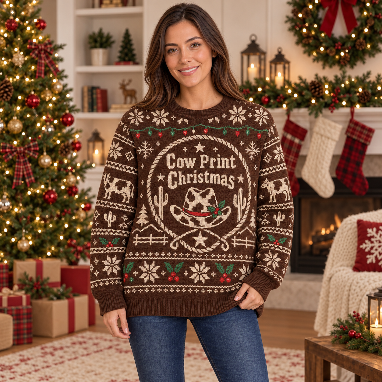 [popular-sweater:PX-19-15:female] Cow Print Christmas Ugly Christmas Sweatshirt - Female view