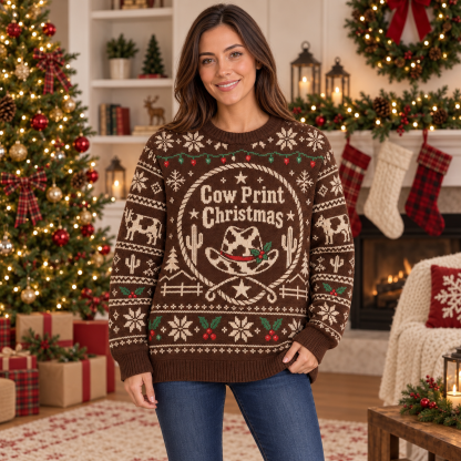 [popular-sweater:PX-19-15:female] Cow Print Christmas Ugly Christmas Sweatshirt - Female view