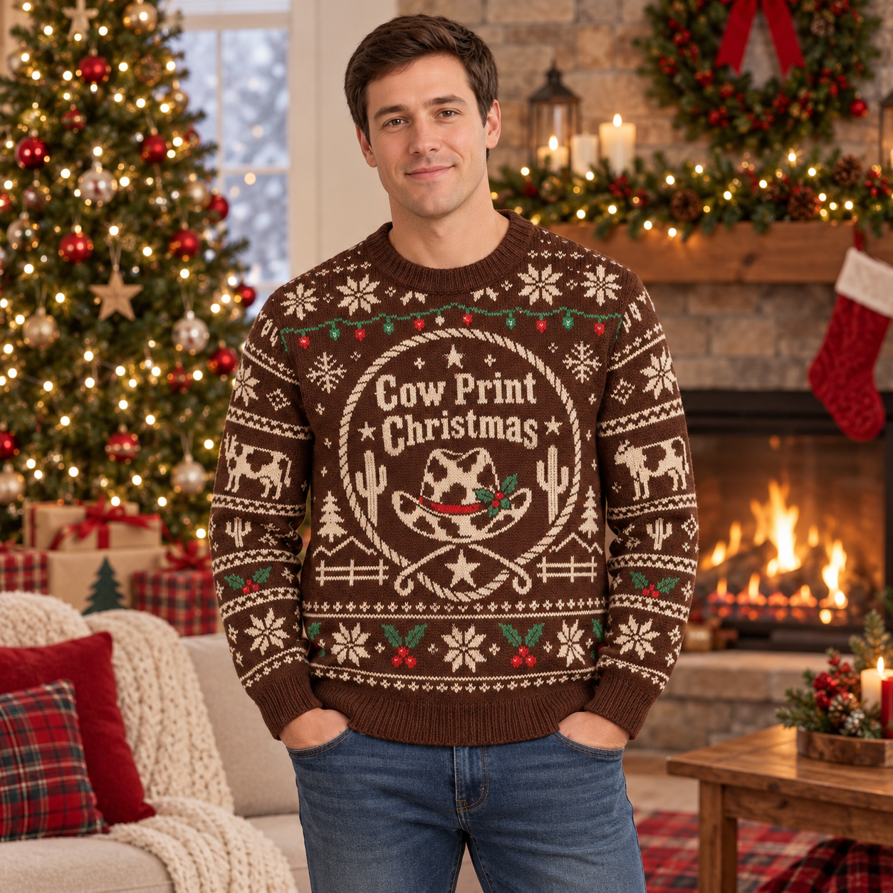 [popular-sweater:PX-19-15:male] Cow Print Christmas Ugly Christmas Sweatshirt - Male view