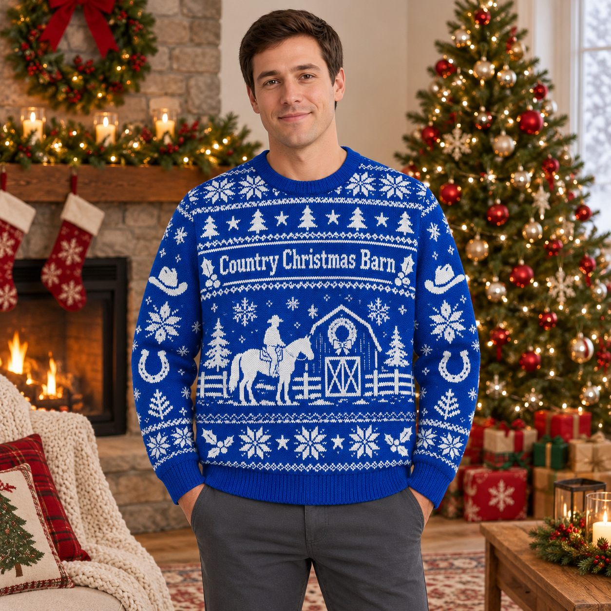 [popular-sweater:PX-19-16:male] Country Christmas Barn Ugly Christmas Sweatshirt - Male view